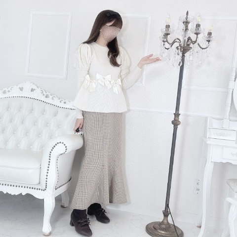 レディース　リボン使いパフスリーブニットプルオーバー(maki)