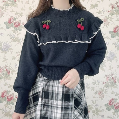 レディース　ダイヤ柄ケーブル編み サクランボニットプルオーバー(maki)