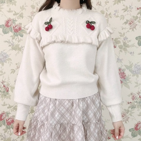 レディース　ダイヤ柄ケーブル編み サクランボニットプルオーバー(maki)