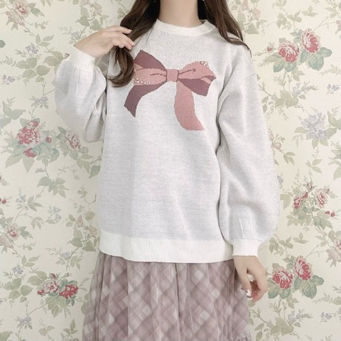レディース　リボンジャガードニットプルオーバー(maki)