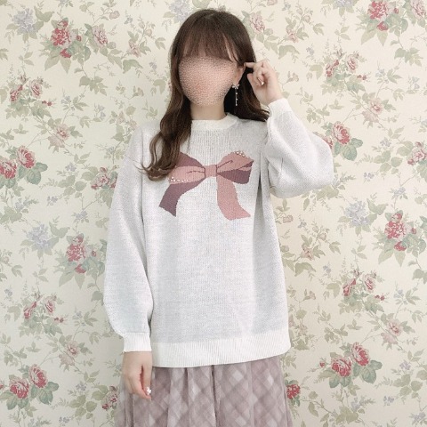 レディース　リボンジャガードニットプルオーバー(maki)