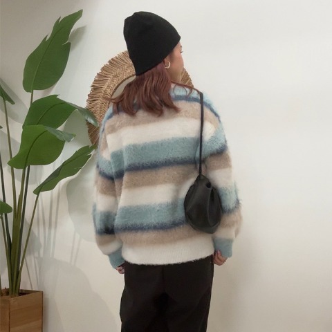 レディース　起毛マルチボーダーニットプルオーバー（saori）