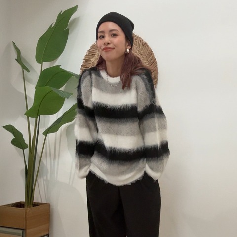 レディース　起毛マルチボーダーニットプルオーバー（saori）