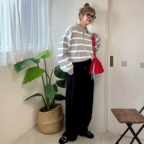 レディース　ボーダー襟付きニットプルオーバー（NON）