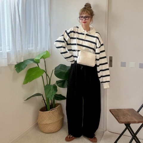 レディース　ボーダー襟付きニットプルオーバー（NON）