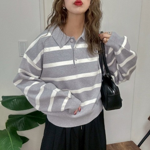 レディース　ボーダー襟付きニットプルオーバー（NON）