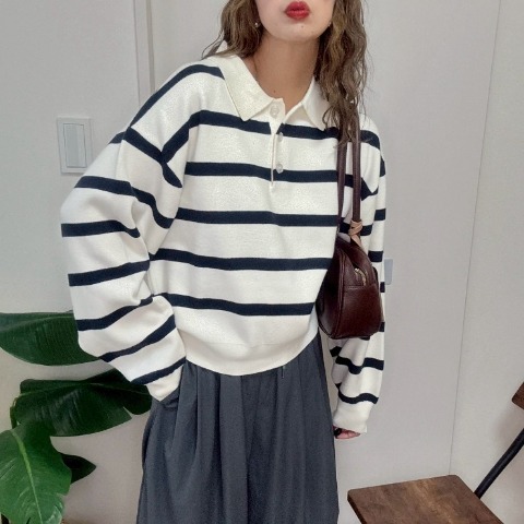 レディース　ボーダー襟付きニットプルオーバー（NON）