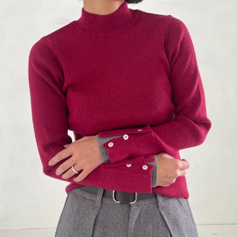 レディース　袖ボタン配色ニットプルオーバー（natsuki）