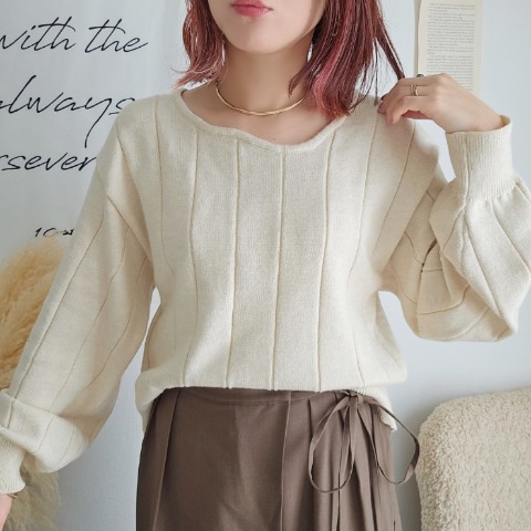 レディース　ネックウェーブニットプルオーバー（りんご）