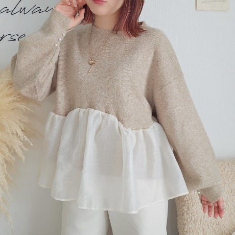 レディース　裾シアーニットプルオーバー（りんご）