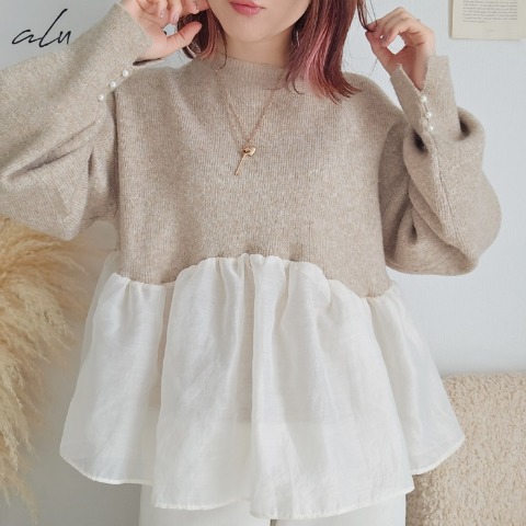 レディース　裾シアーニットプルオーバー（りんご）