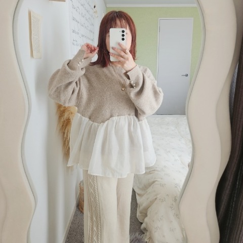 レディース　裾シアーニットプルオーバー（りんご）