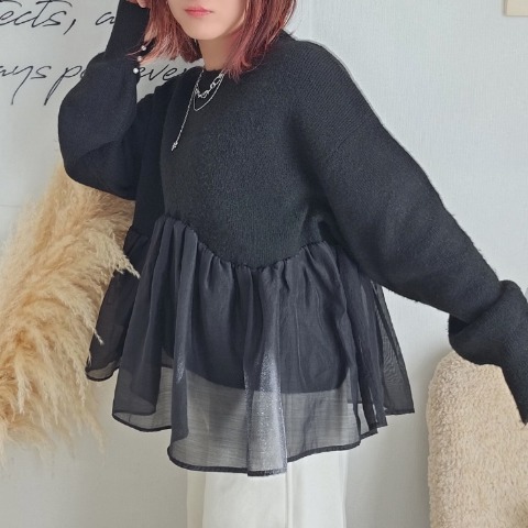 レディース　裾シアーニットプルオーバー（りんご）