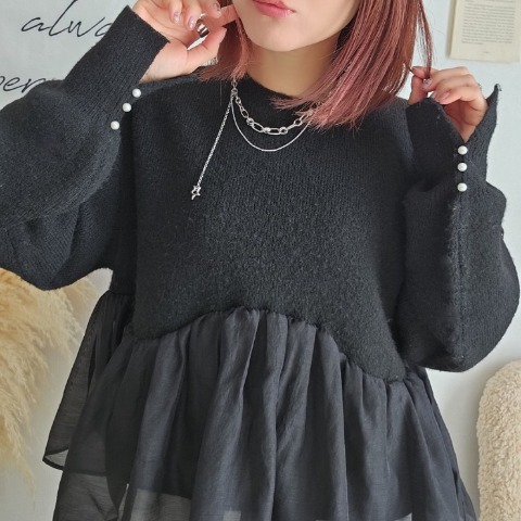 レディース　裾シアーニットプルオーバー（りんご）