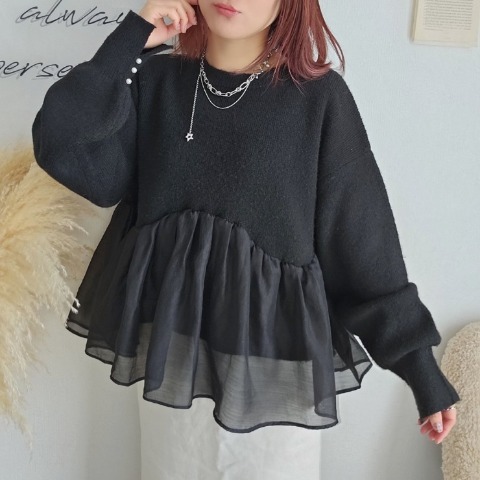 レディース　裾シアーニットプルオーバー（りんご）