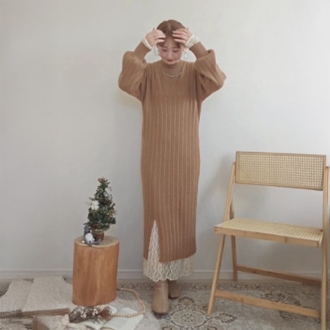 レディース　編地切り替えニットワンピース（yuu）