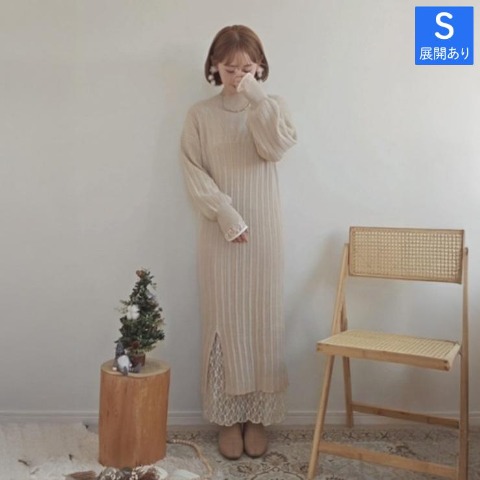 レディース　編地切り替えニットワンピース（yuu）
