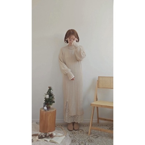 レディース　編地切り替えニットワンピース（yuu）