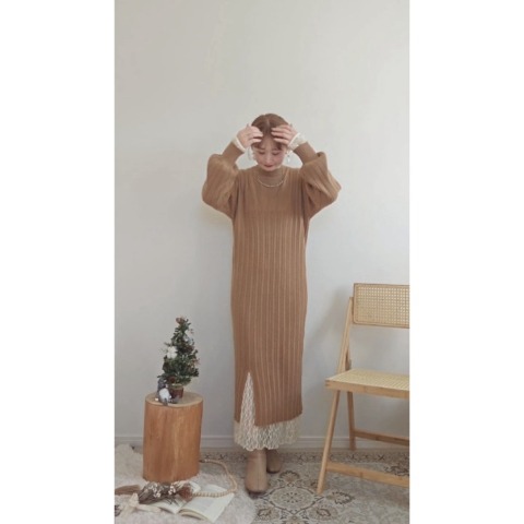 レディース　編地切り替えニットワンピース（yuu）