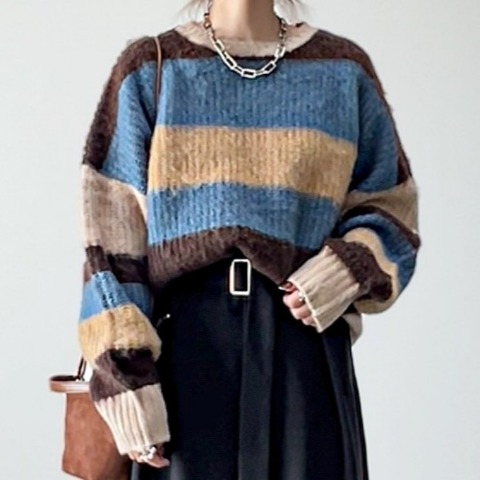 レディース　マルチボーダーニットプルオーバー（yumi）