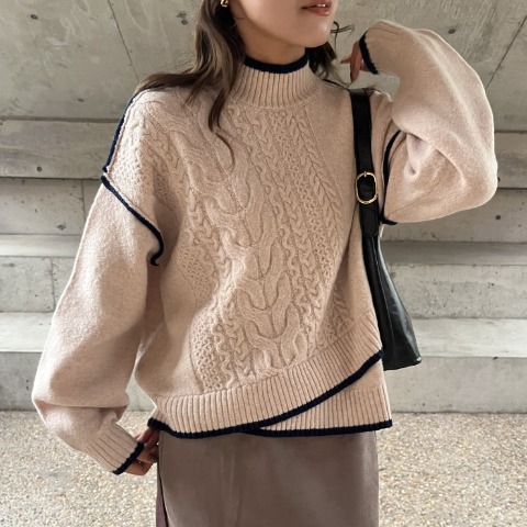 レディース　配色パイピングアシメニットプルオーバー（YUI）