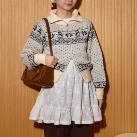 レディース　ノルディック柄Wジップニットカーディガン（ちょこび）