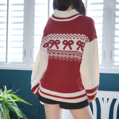 レディース　ノルディック柄ニットブルゾン（2PINK）