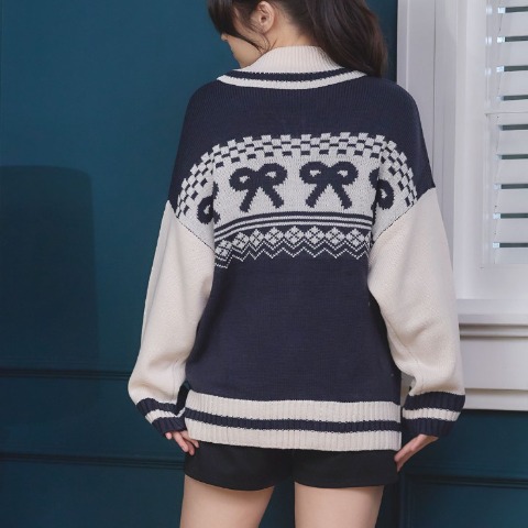 レディース　ノルディック柄ニットブルゾン（2PINK）