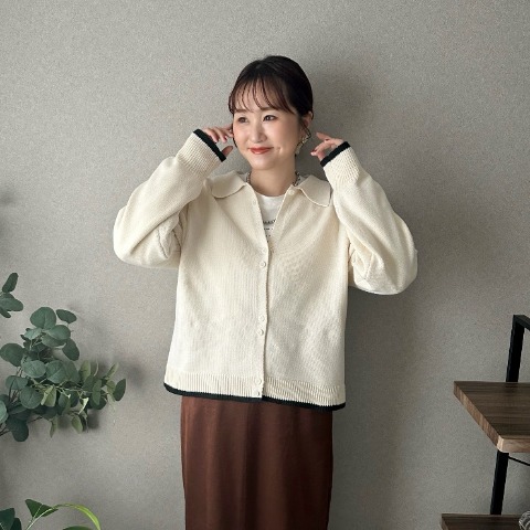 レディース　襟付き配色ニットカーディガン（omi）