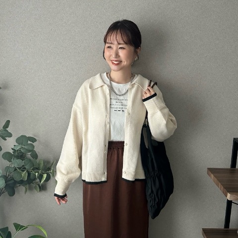 レディース　襟付き配色ニットカーディガン（omi）