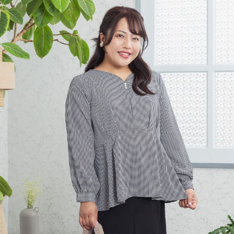 レディース　ハートネック千鳥柄ブラウス（Hina）