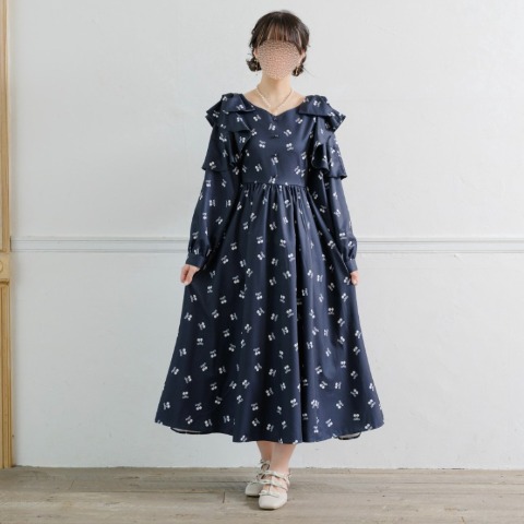 レディース　リボン×チェリープリントワンピース（maki） ダークネイビー 108