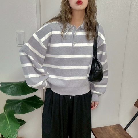レディース　ボーダー襟付きニットプルオーバー（NON）