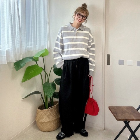 レディース　ボーダー襟付きニットプルオーバー（NON）