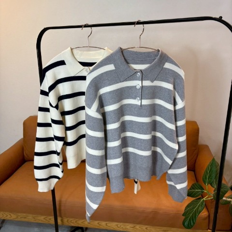 レディース　ボーダー襟付きニットプルオーバー（NON）