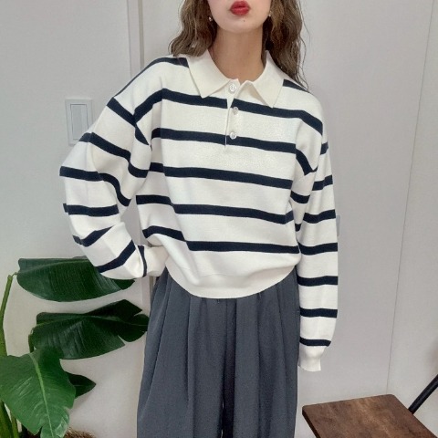 レディース　ボーダー襟付きニットプルオーバー（NON）