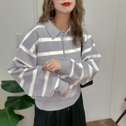 レディース　ボーダー襟付きニットプルオーバー（NON）