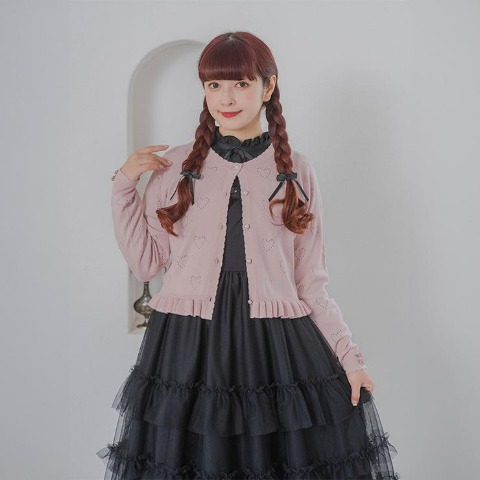 レディス　もちもちハート柄リボン付きニットカーディガン(青木美沙子)