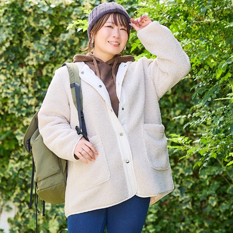 レディース　ノーカラーボアコート（おかだゆり）