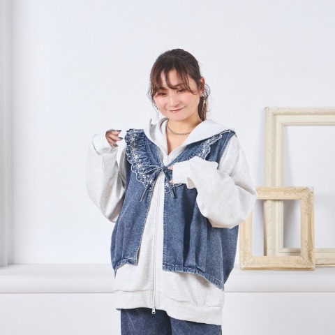 レディース　レース刺繍デニムバルーンベスト（Taiyou）