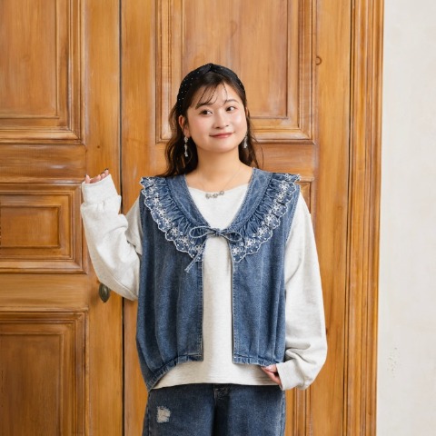 レディース　レース刺繍デニムバルーンベスト（Taiyou）