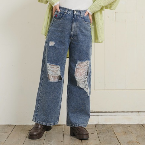 【低身長さん向け】レディース　レースダメージデニムパンツ（Taiyou）