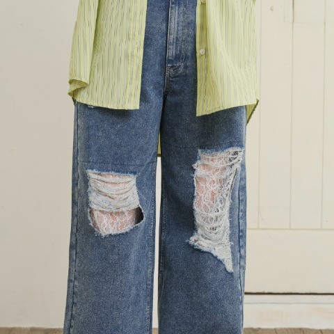 【低身長さん向け】レディース　レースダメージデニムパンツ（Taiyou）