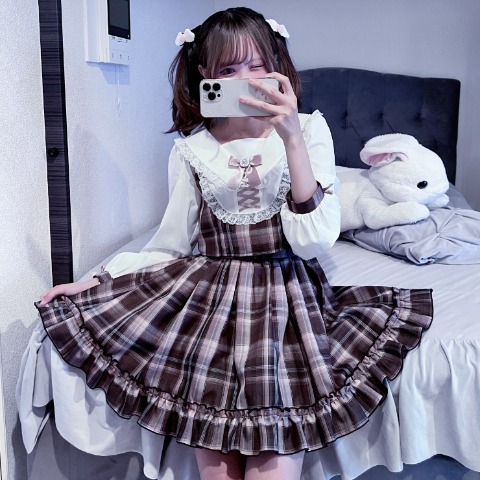 レディース　レースアップフリル衿チェック柄ワンピース（サノカナメ）