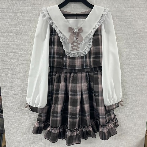 レディース　レースアップフリル衿チェック柄ワンピース（サノカナメ）