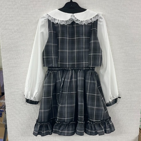 レディース　レースアップフリル衿チェック柄ワンピース（サノカナメ）