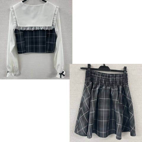 レディース　フリル衿ブラウス+フレアスカートセット（サノカナメ）