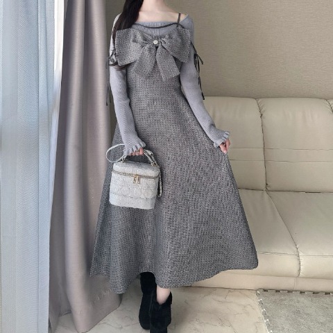 レディース　ツイード柄リボンワンピース（nako）