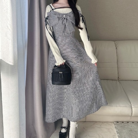 レディース　ツイード柄リボンワンピース（nako）