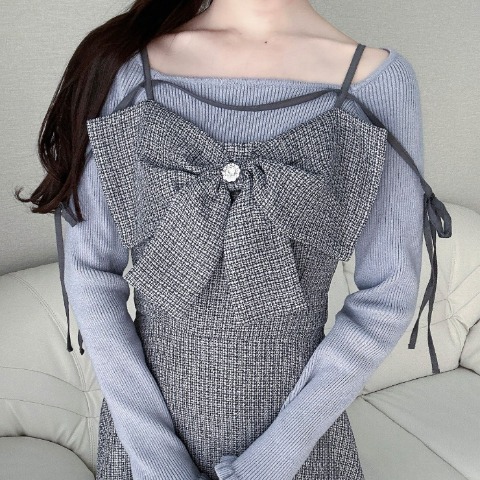 レディース　ツイード柄リボンワンピース（nako）